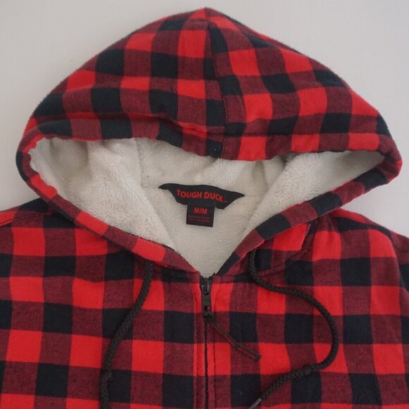 Tough Duck Red Black Buffalo Plaid Teddy Lined Outdoor Hooded Zip Up Sweater M - Picture 12 of 12